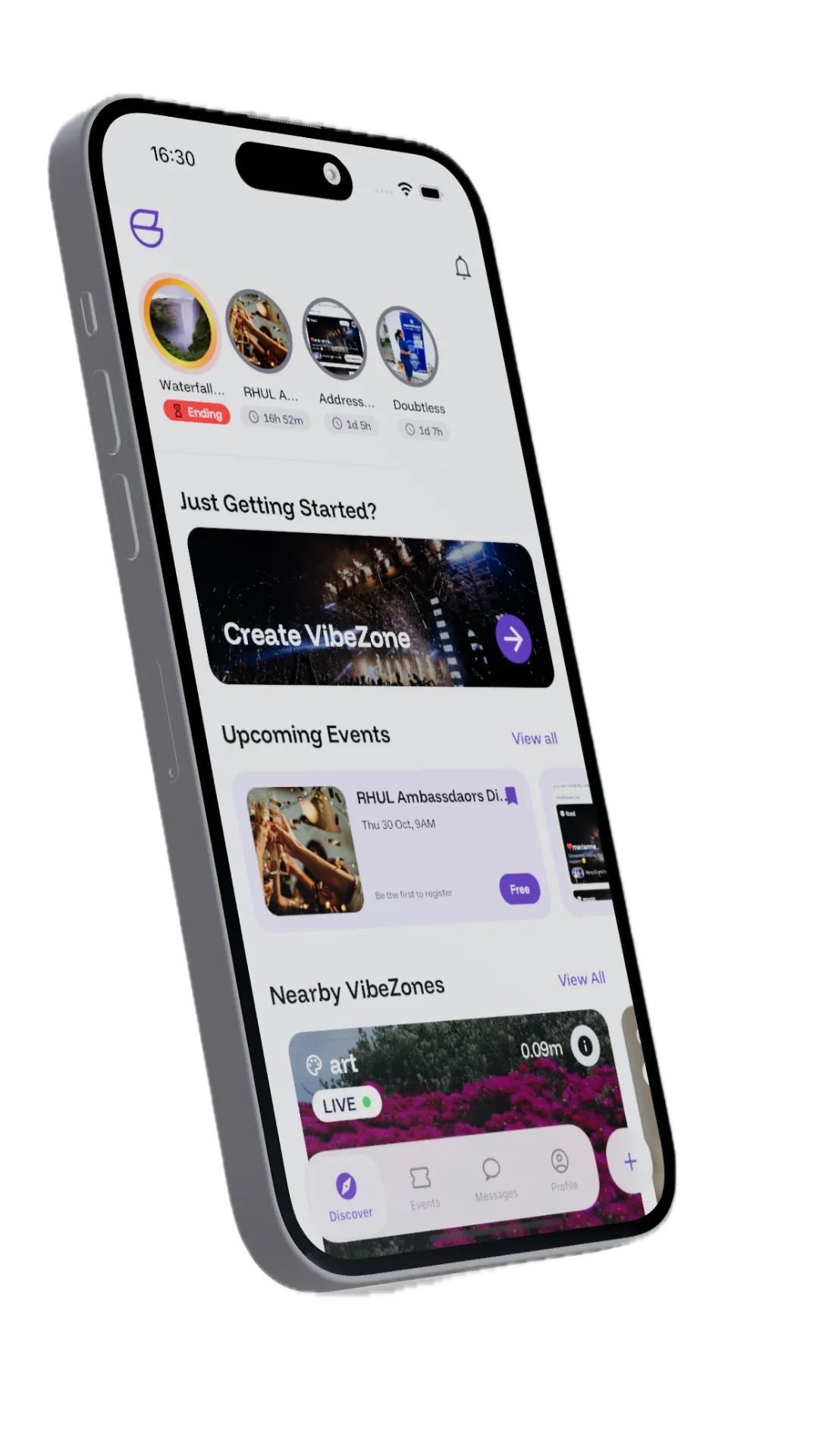 HoyMove onboarding screen displaying nearby VibeZones